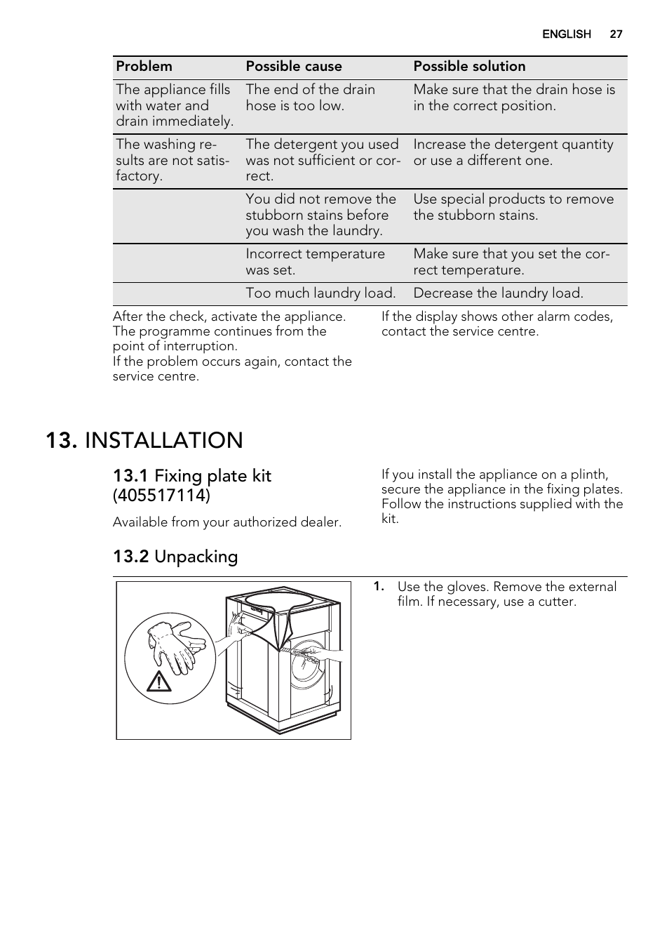 Installation, 2 unpacking | AEG L88409FL2 User Manual | Page 27 / 36