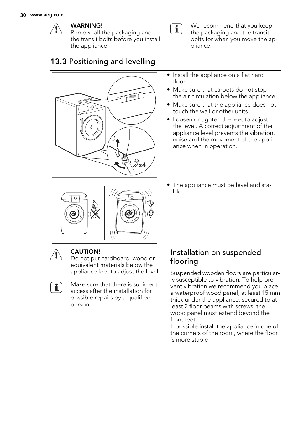 3 positioning and levelling, Installation on suspended flooring | AEG L88409FL2 User Manual | Page 30 / 36