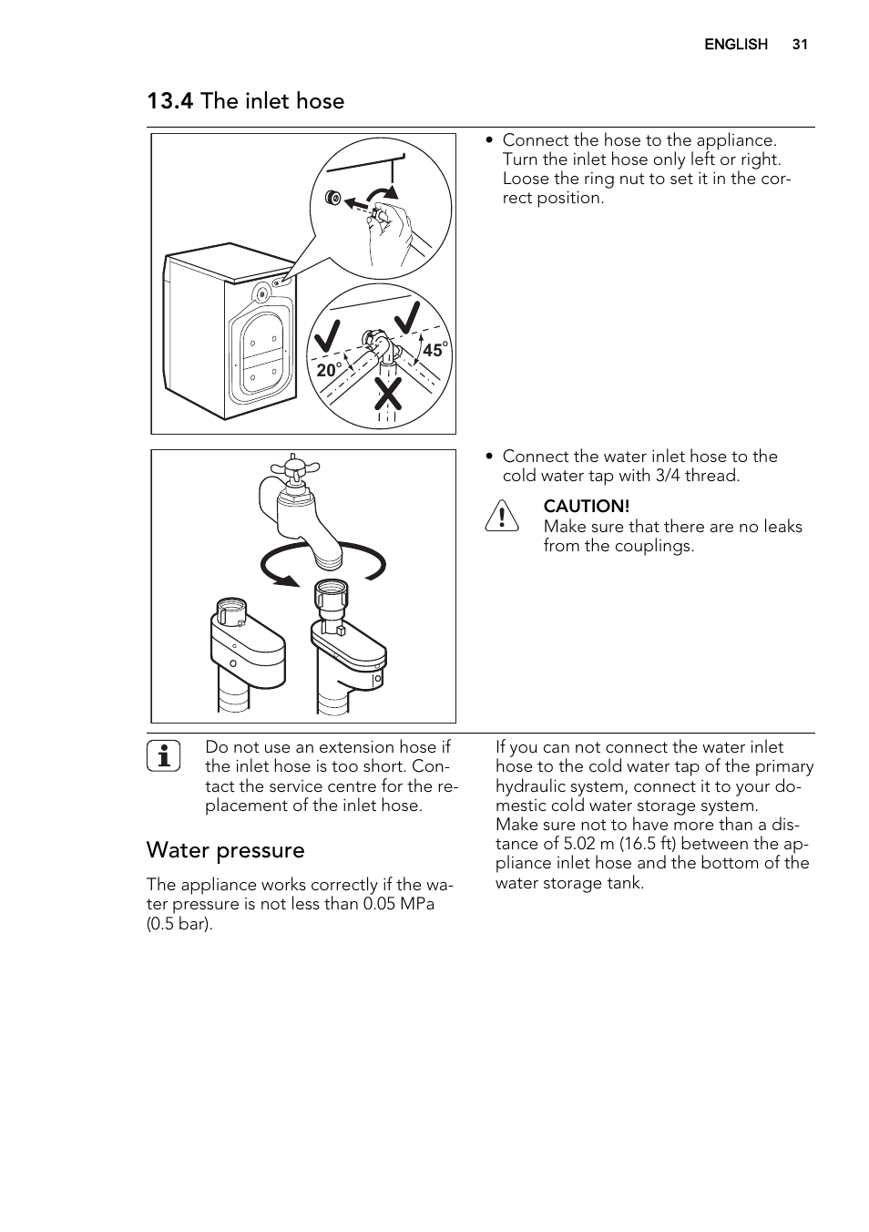 4 the inlet hose, Water pressure | AEG L88409FL2 User Manual | Page 31 / 36