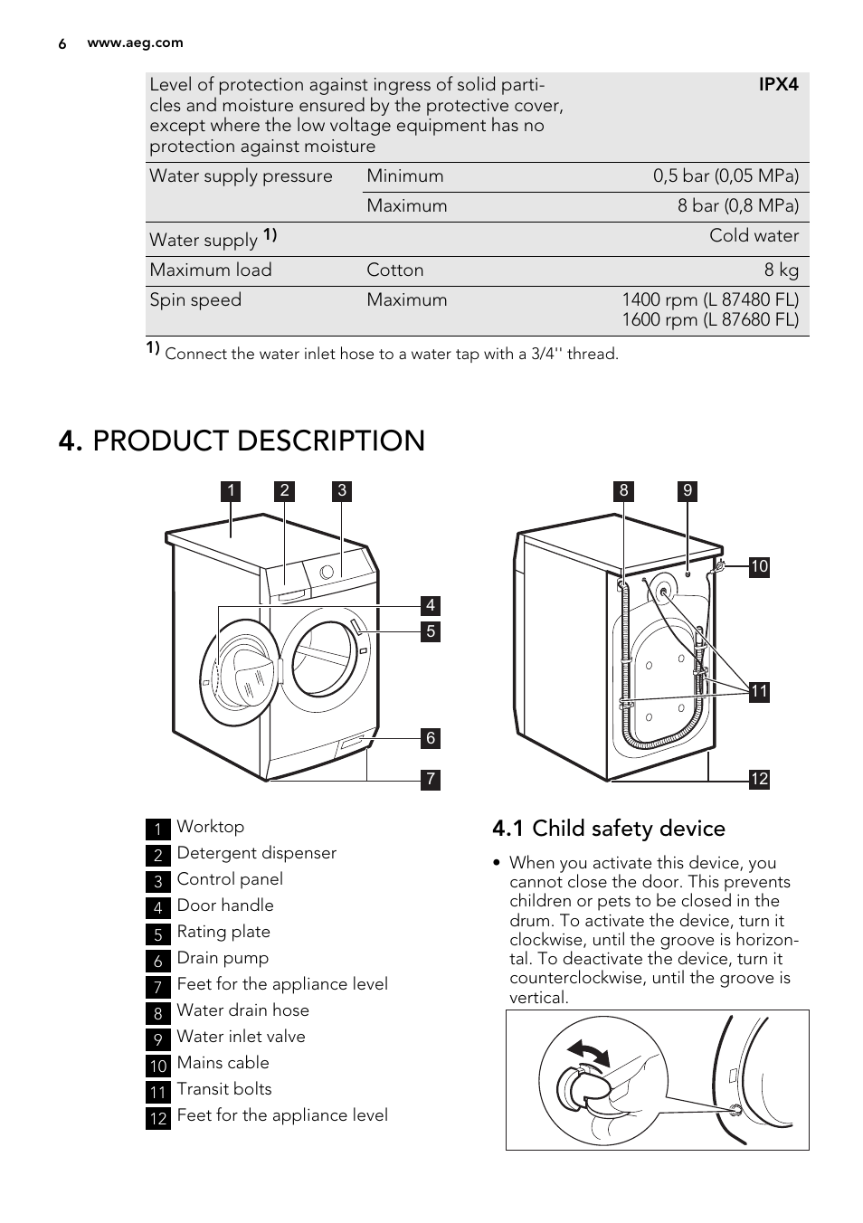 Product description, 1 child safety device | AEG L88409FL2 User Manual | Page 6 / 36