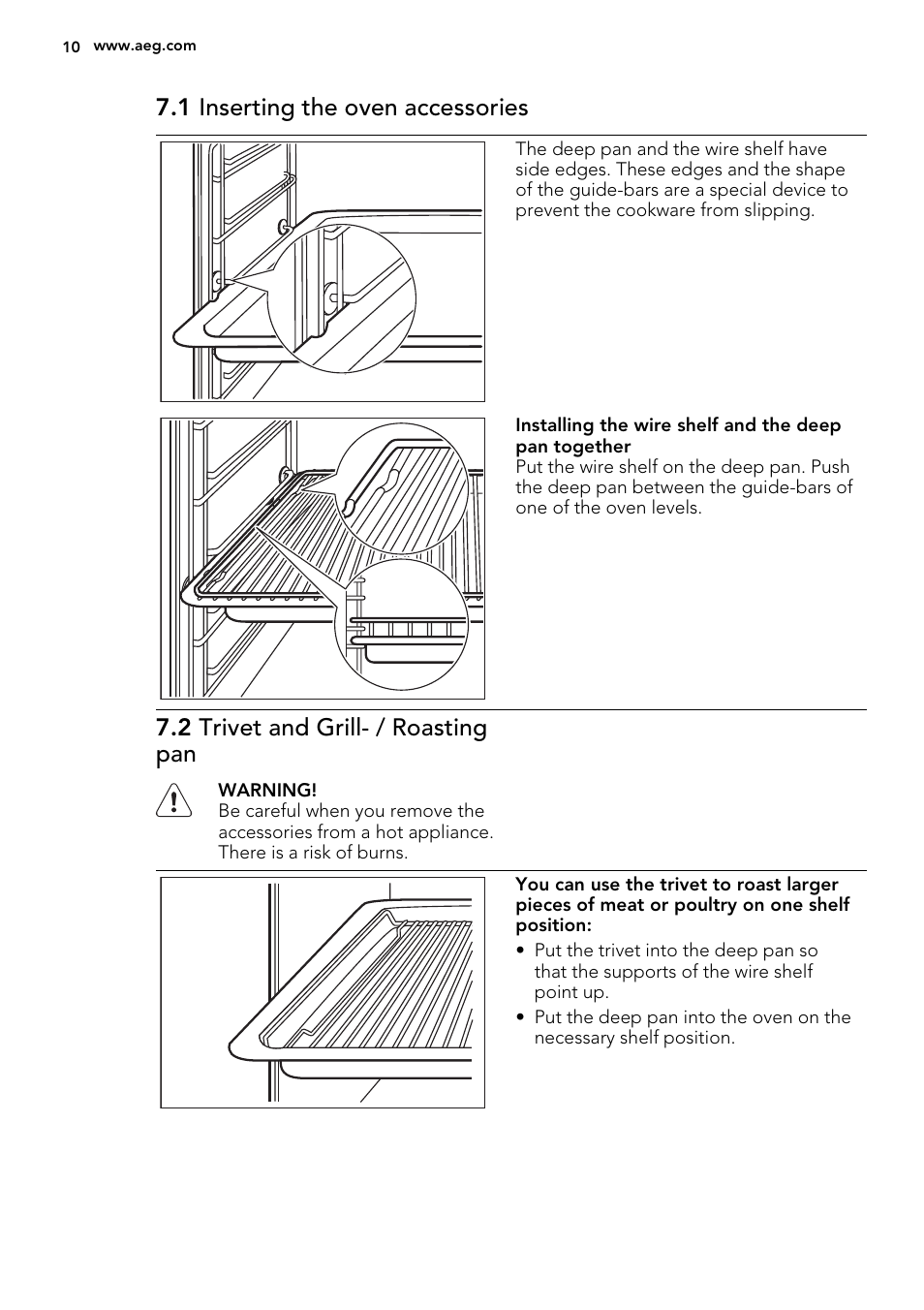 1 inserting the oven accessories, 2 trivet and grill- / roasting pan | AEG BE2003021M User Manual | Page 10 / 36