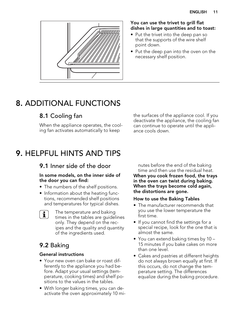 Additional functions, Helpful hints and tips, 1 cooling fan | 1 inner side of the door, 2 baking | AEG BE2003021M User Manual | Page 11 / 36