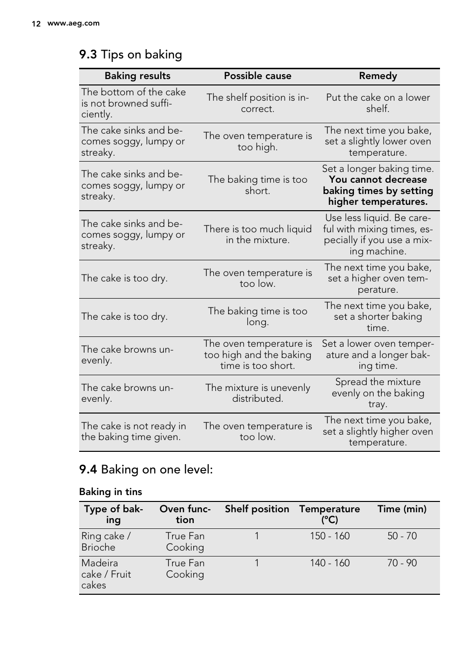 3 tips on baking, 4 baking on one level | AEG BE2003021M User Manual | Page 12 / 36