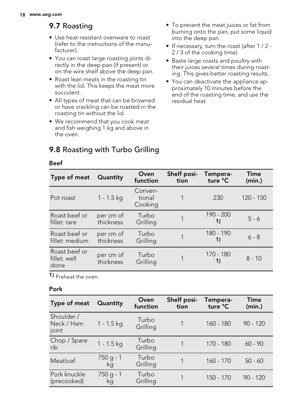 7 roasting, 8 roasting with turbo grilling | AEG BE2003021M User Manual | Page 18 / 36