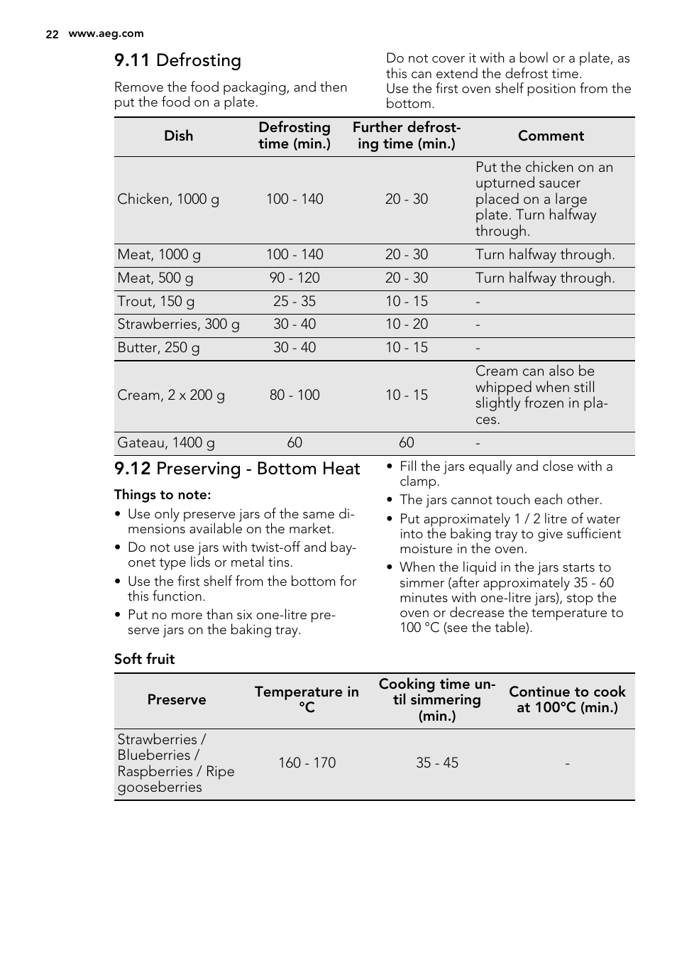 11 defrosting, 12 preserving - bottom heat | AEG BE2003021M User Manual | Page 22 / 36