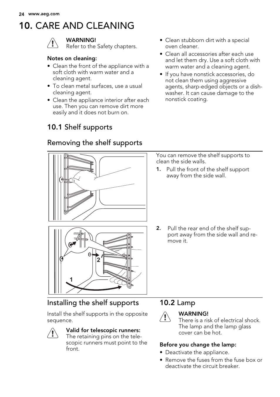 Care and cleaning, 1 shelf supports removing the shelf supports, Installing the shelf supports | 2 lamp | AEG BE2003021M User Manual | Page 24 / 36