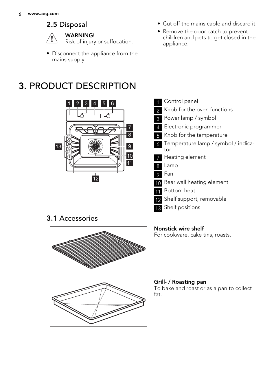 Product description, 5 disposal, 1 accessories | AEG BE2003021M User Manual | Page 6 / 36