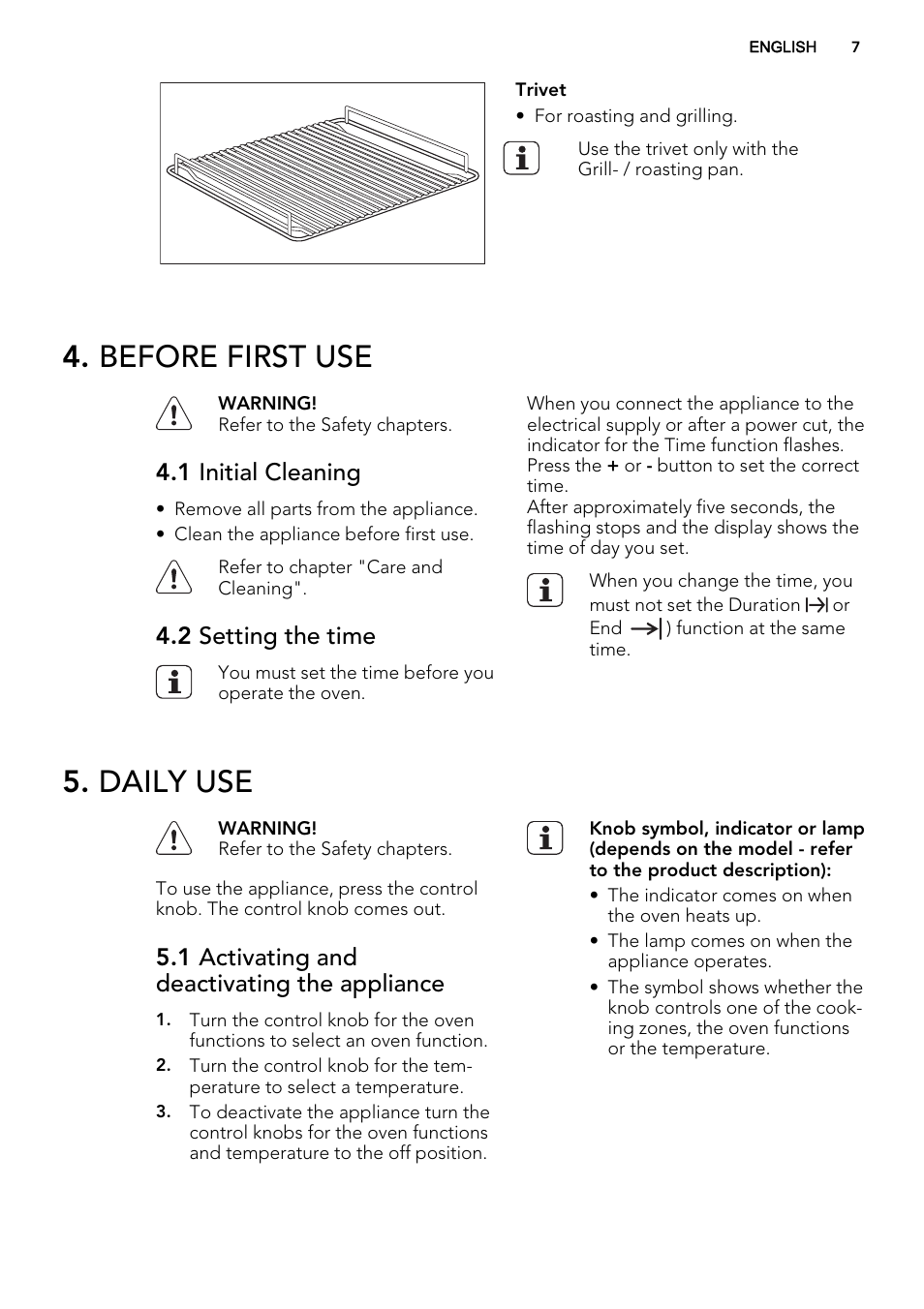 Before first use, Daily use, 1 initial cleaning | 2 setting the time, 1 activating and deactivating the appliance | AEG BE2003021M User Manual | Page 7 / 36