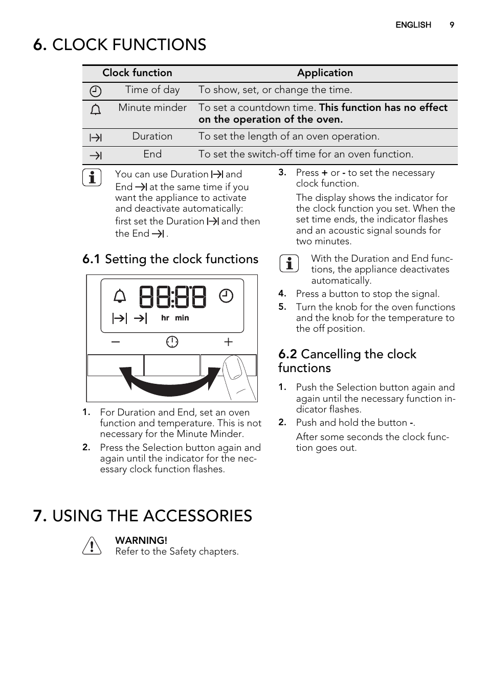 Clock functions, Using the accessories, 1 setting the clock functions | 2 cancelling the clock functions | AEG BE2003021M User Manual | Page 9 / 36