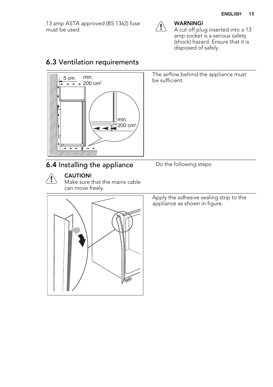 3 ventilation requirements, 4 installing the appliance | AEG SWS98820L0 User Manual | Page 15 / 20