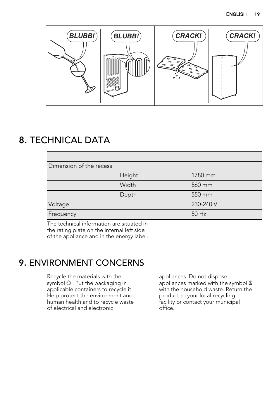 Technical data, Environment concerns | AEG SWS98820L0 User Manual | Page 19 / 20