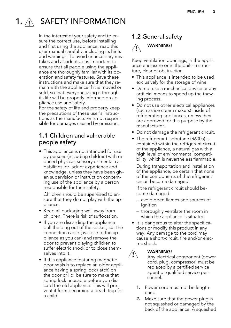 Safety information, 1 children and vulnerable people safety, 2 general safety | AEG SWS98820L0 User Manual | Page 3 / 20