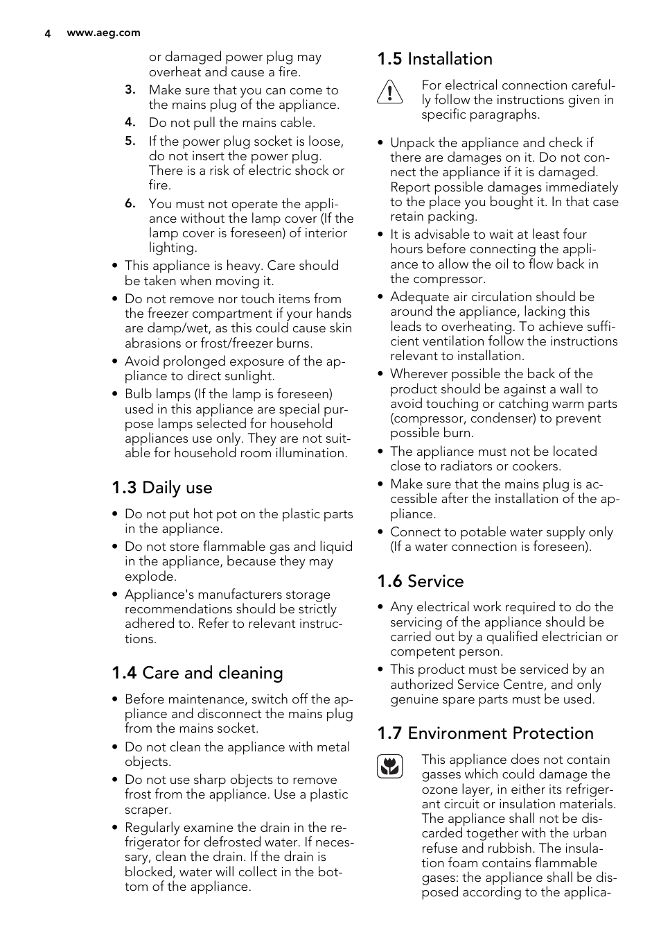 3 daily use, 4 care and cleaning, 5 installation | 6 service, 7 environment protection | AEG SWS98820L0 User Manual | Page 4 / 20