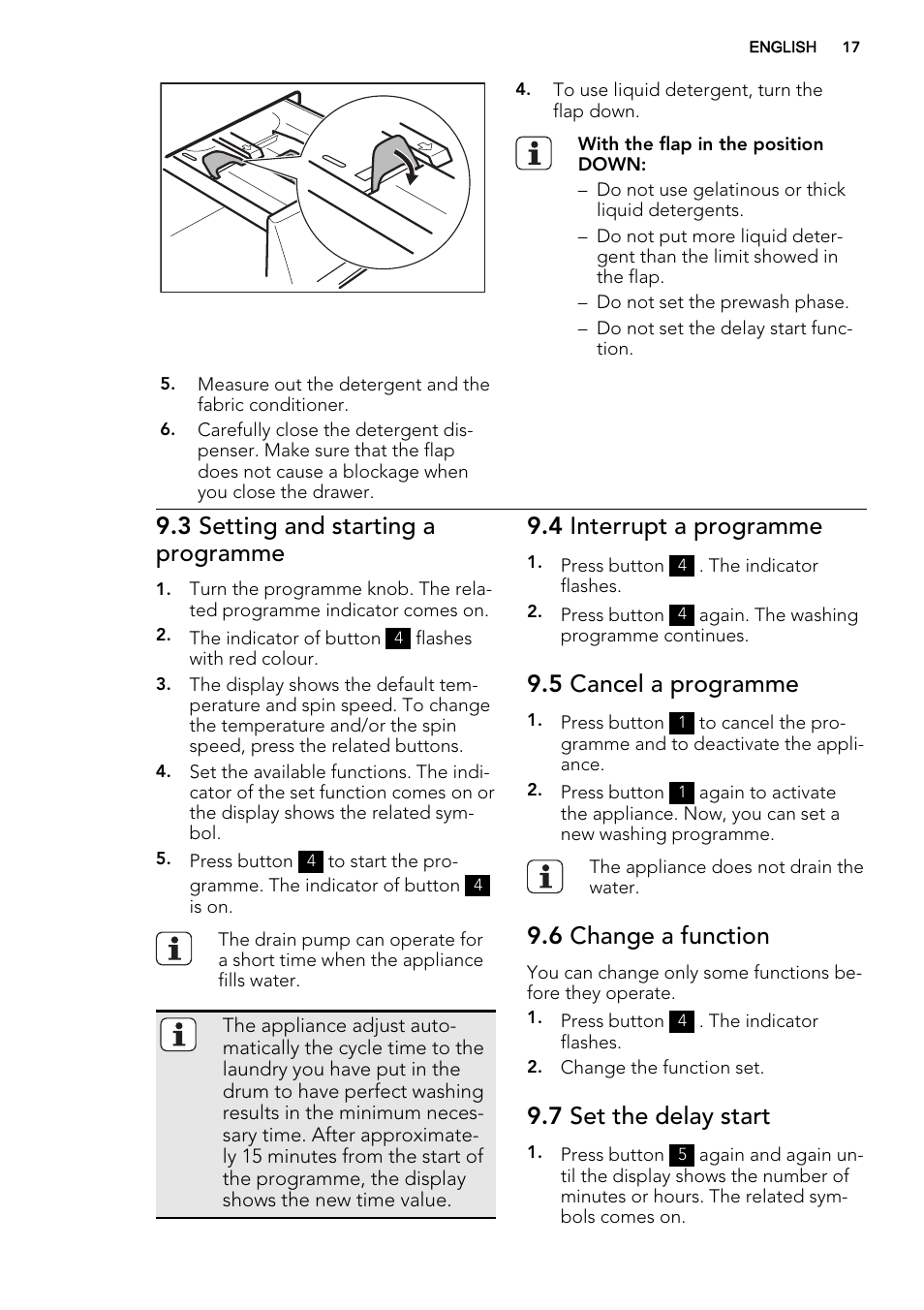 3 setting and starting a programme, 4 interrupt a programme, 5 cancel a programme | 6 change a function, 7 set the delay start | AEG L76675FL User Manual | Page 17 / 36