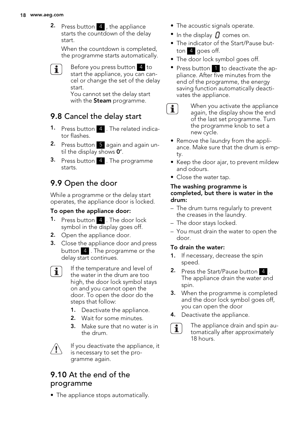 8 cancel the delay start, 9 open the door, 10 at the end of the programme | AEG L76675FL User Manual | Page 18 / 36