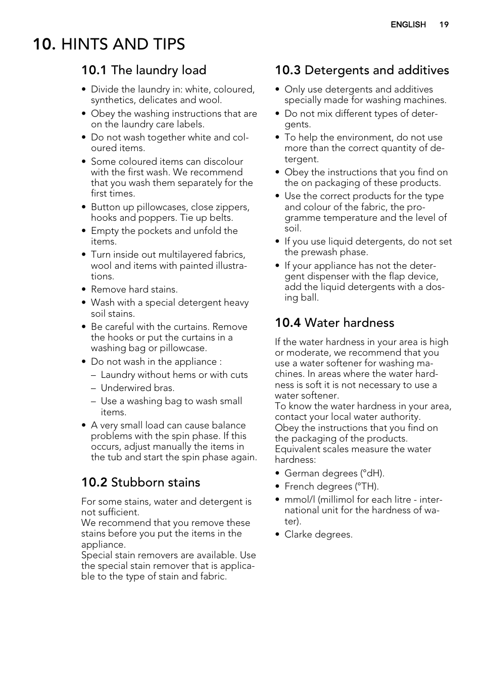 Hints and tips, 1 the laundry load, 2 stubborn stains | 3 detergents and additives, 4 water hardness | AEG L76675FL User Manual | Page 19 / 36