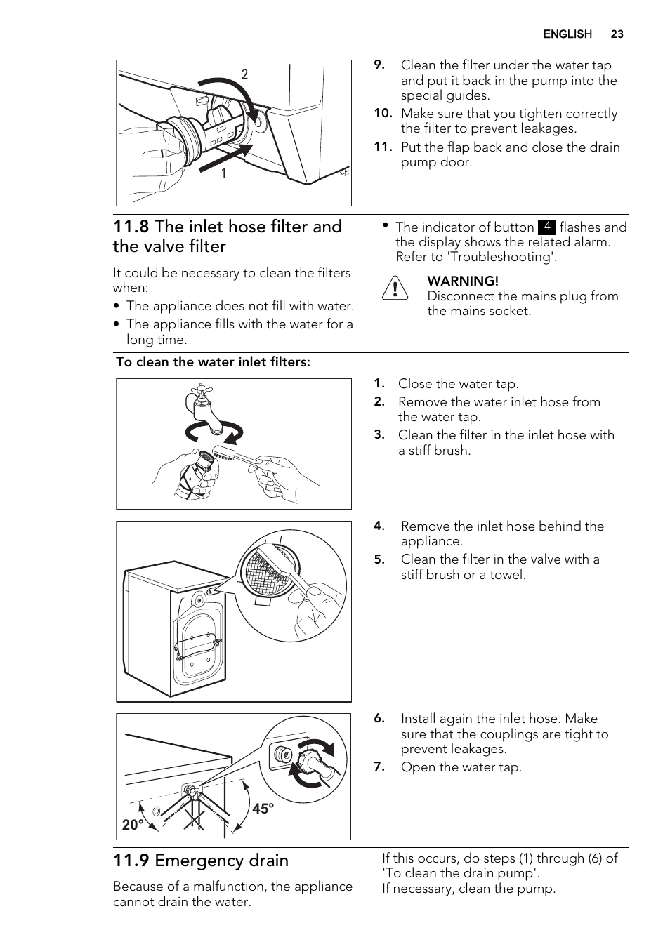 8 the inlet hose filter and the valve filter, 9 emergency drain | AEG L76675FL User Manual | Page 23 / 36