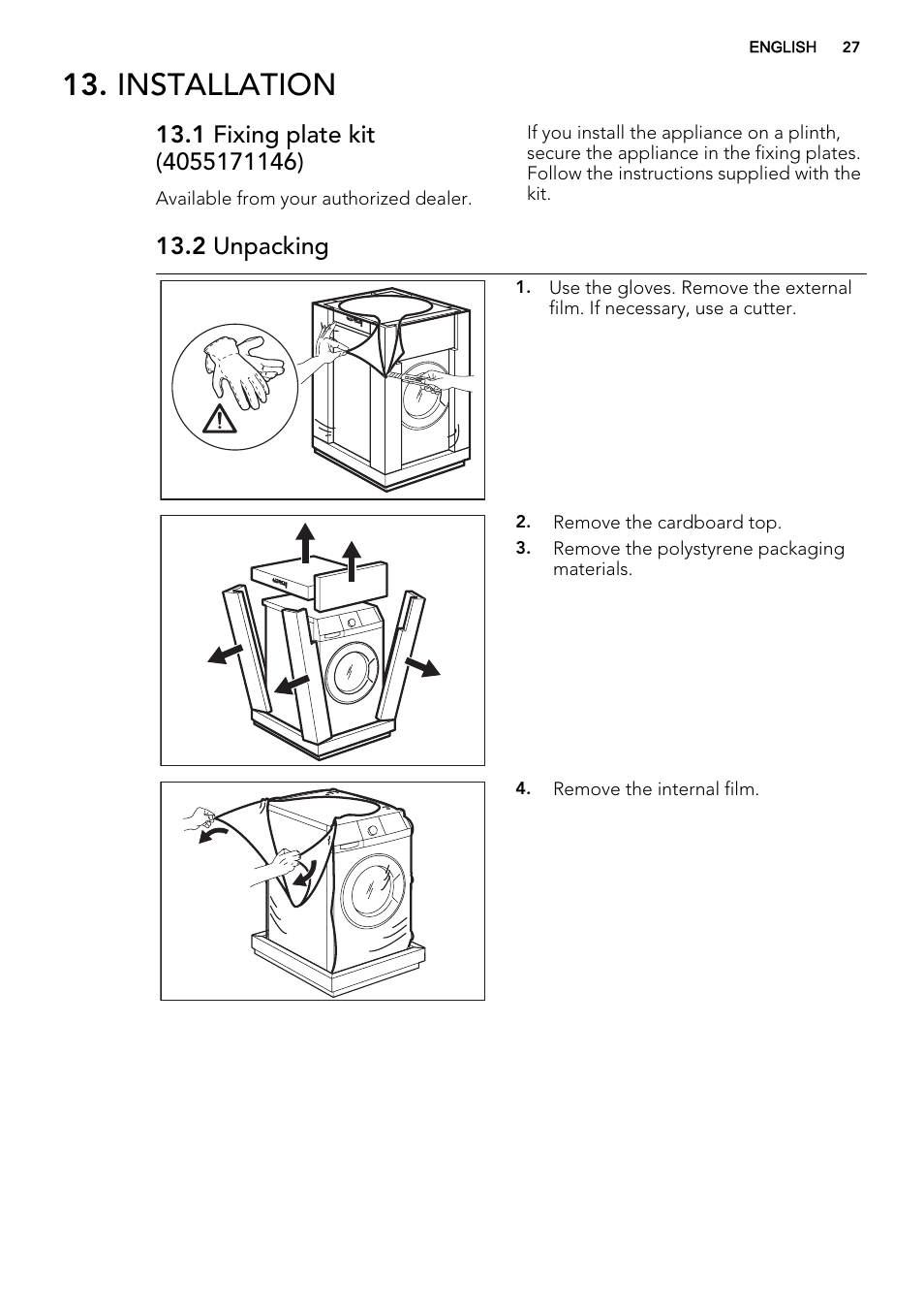 Installation, 2 unpacking | AEG L76675FL User Manual | Page 27 / 36