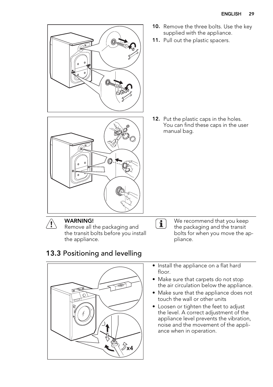 3 positioning and levelling | AEG L76675FL User Manual | Page 29 / 36