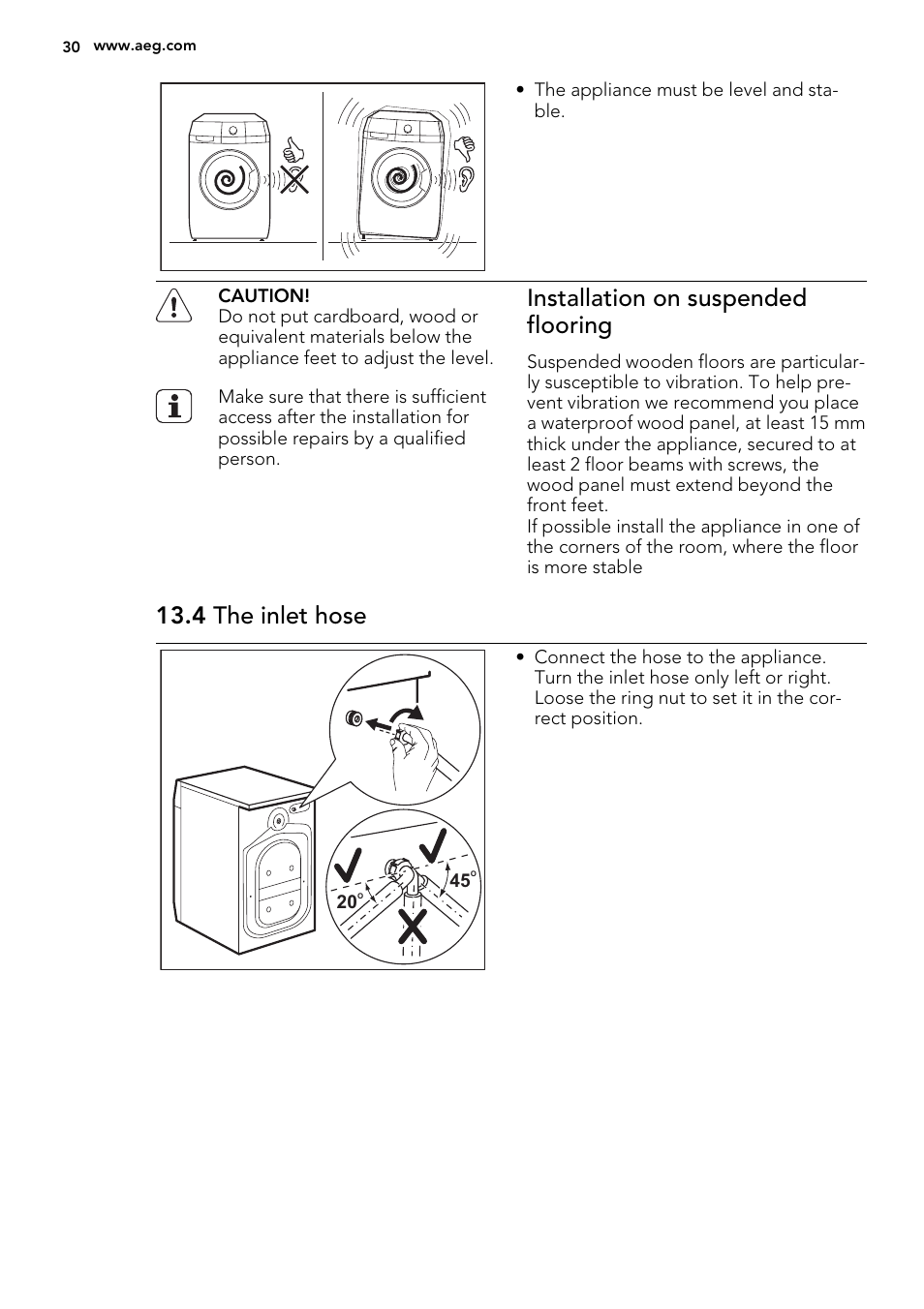 Installation on suspended flooring, 4 the inlet hose | AEG L76675FL User Manual | Page 30 / 36