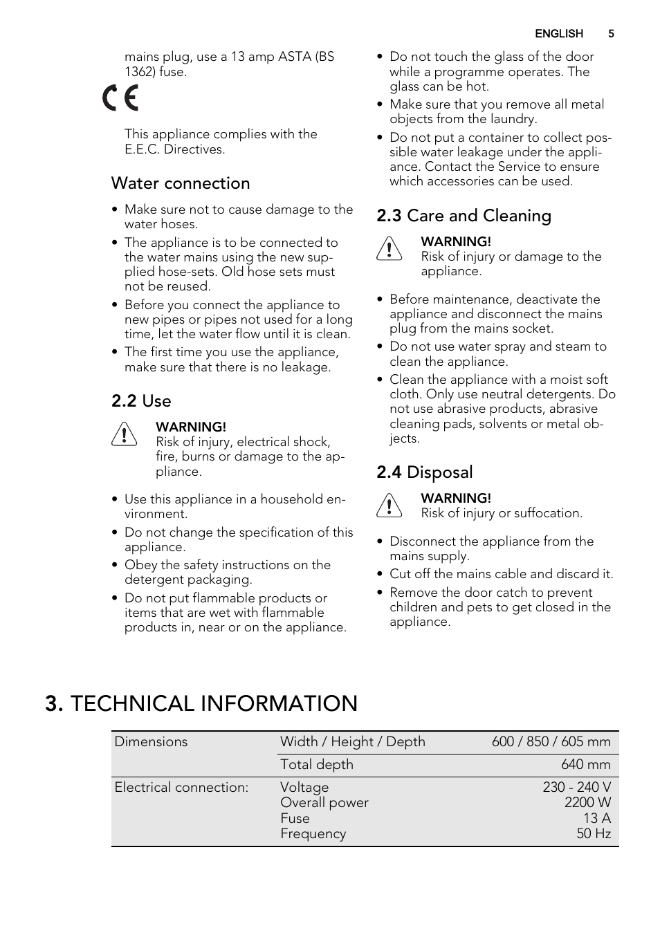 Technical information, Water connection, 2 use | 3 care and cleaning, 4 disposal | AEG L76675FL User Manual | Page 5 / 36
