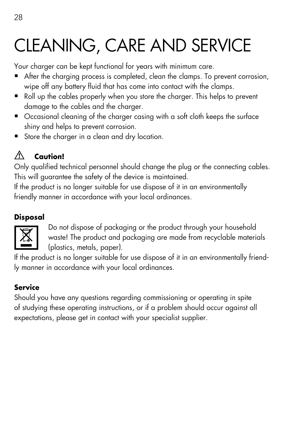 Cleaning, care and service | AEG Automatic Charger AG 1208 User Manual | Page 28 / 88