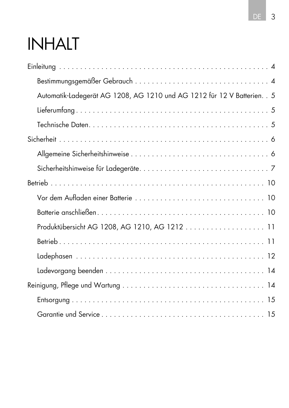 Inhalt | AEG Automatic Charger AG 1208 User Manual | Page 3 / 88