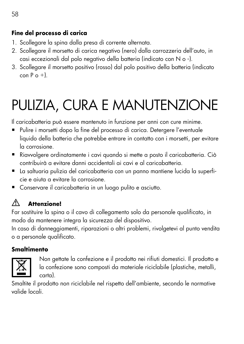 Pulizia, cura e manutenzione | AEG Automatic Charger AG 1208 User Manual | Page 58 / 88