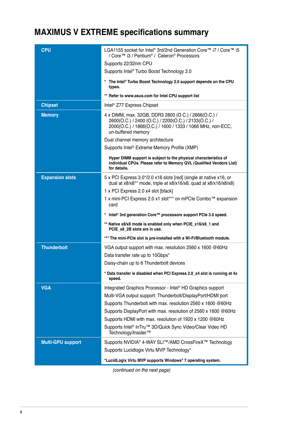 Maximus v extreme specifications summary | Asus MAXIMUS V E7627 User Manual | Page 10 / 246