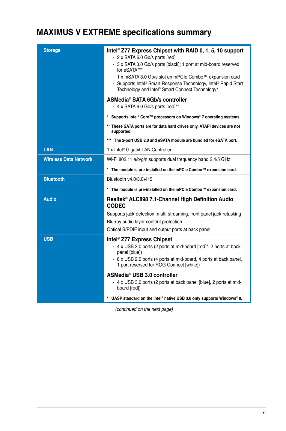 Maximus v extreme specifications summary, Intel, Asmedia | Sata 6gb/s controller, Realtek, Z77 express chipset, Usb 3.0 controller | Asus MAXIMUS V E7627 User Manual | Page 11 / 246