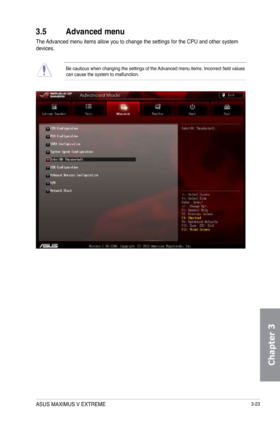 5 advanced menu, Advanced menu -23, Chapter 3 3.5 advanced menu | Asus MAXIMUS V E7627 User Manual | Page 119 / 246