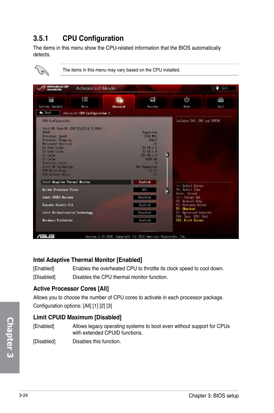 1 cpu configuration, Cpu configuration -24, Chapter 3 | Asus MAXIMUS V E7627 User Manual | Page 120 / 246
