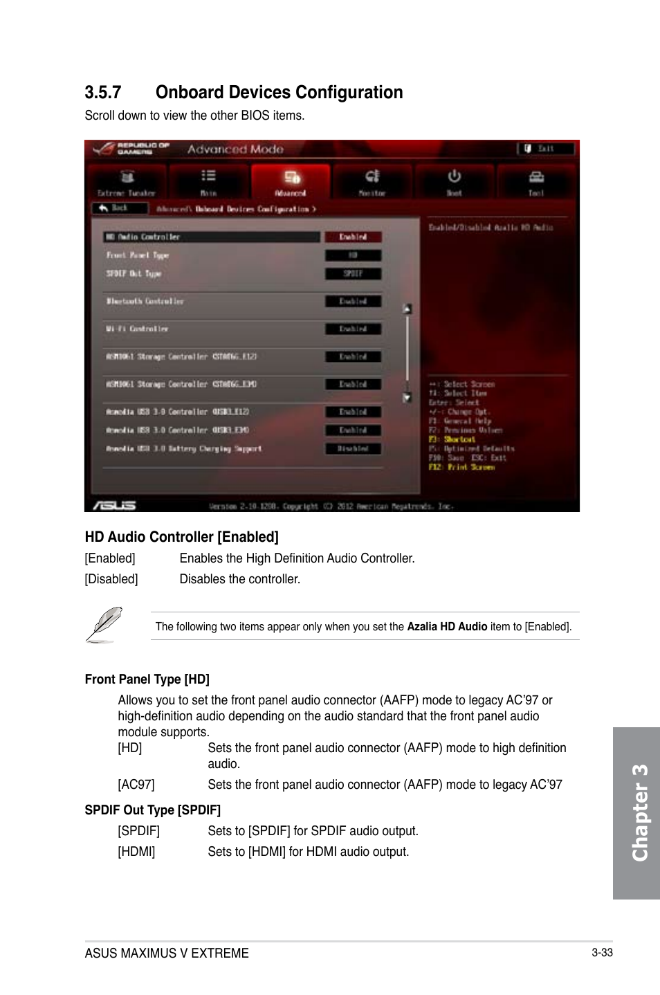 7 onboard devices configuration, Onboard devices configuration -33, Chapter 3 | Asus MAXIMUS V E7627 User Manual | Page 129 / 246
