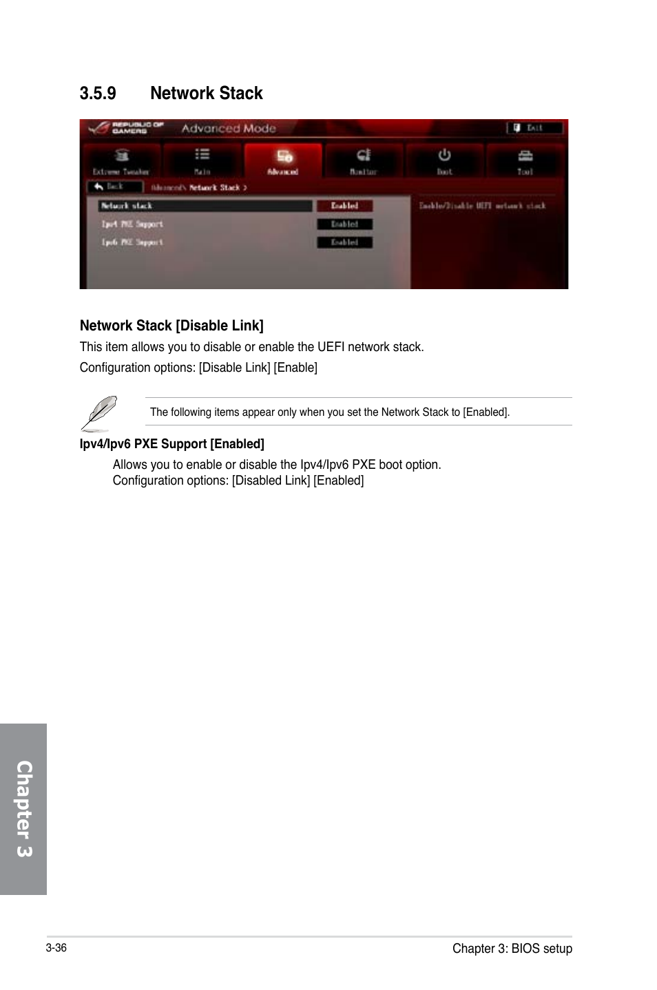 9 network stack, Network stack -36, Chapter 3 | Asus MAXIMUS V E7627 User Manual | Page 132 / 246