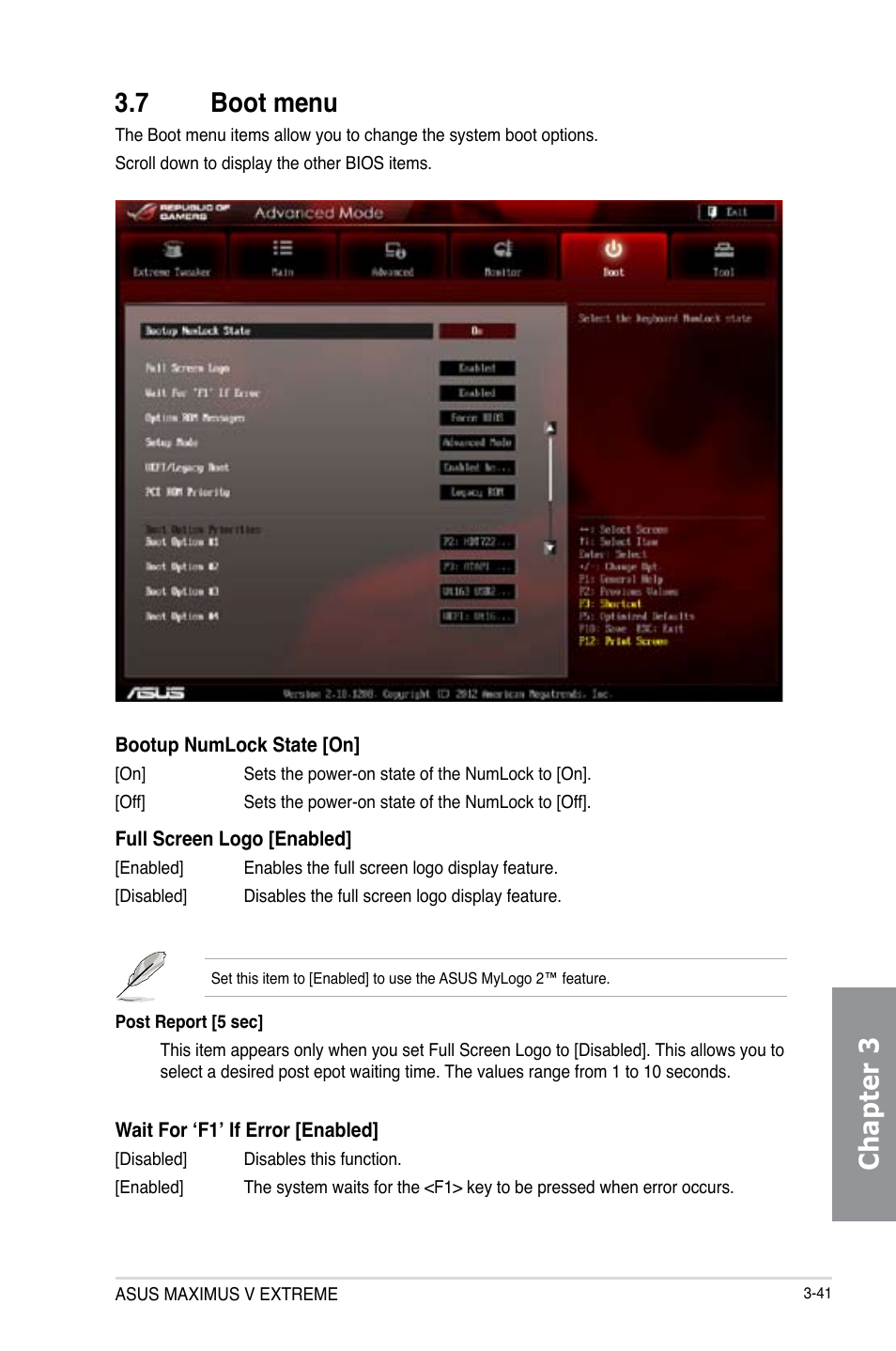 7 boot menu, Boot menu -41, Chapter 3 3.7 boot menu | Asus MAXIMUS V E7627 User Manual | Page 137 / 246