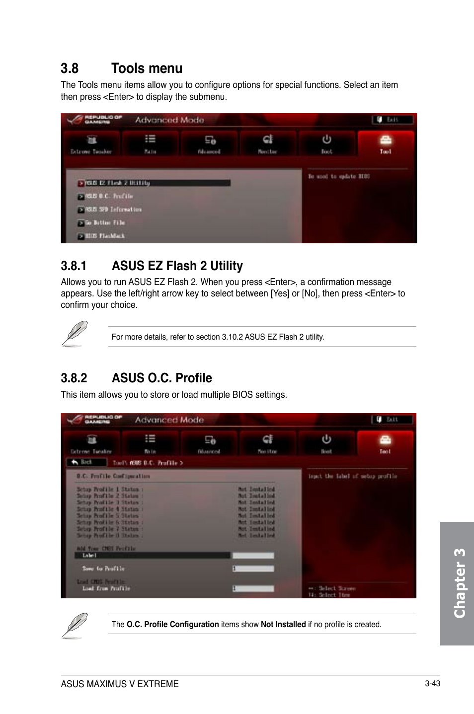 8 tools menu, 1 asus ez flash 2 utility, 2 asus o.c. profile | Tools menu -43 3.8.1, Asus ez flash 2 utility -43, Asus o.c. profile -43, Chapter 3 3.8 tools menu | Asus MAXIMUS V E7627 User Manual | Page 139 / 246