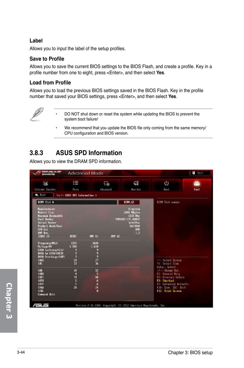 3 asus spd information, Asus spd information -44, Chapter 3 | Asus MAXIMUS V E7627 User Manual | Page 140 / 246