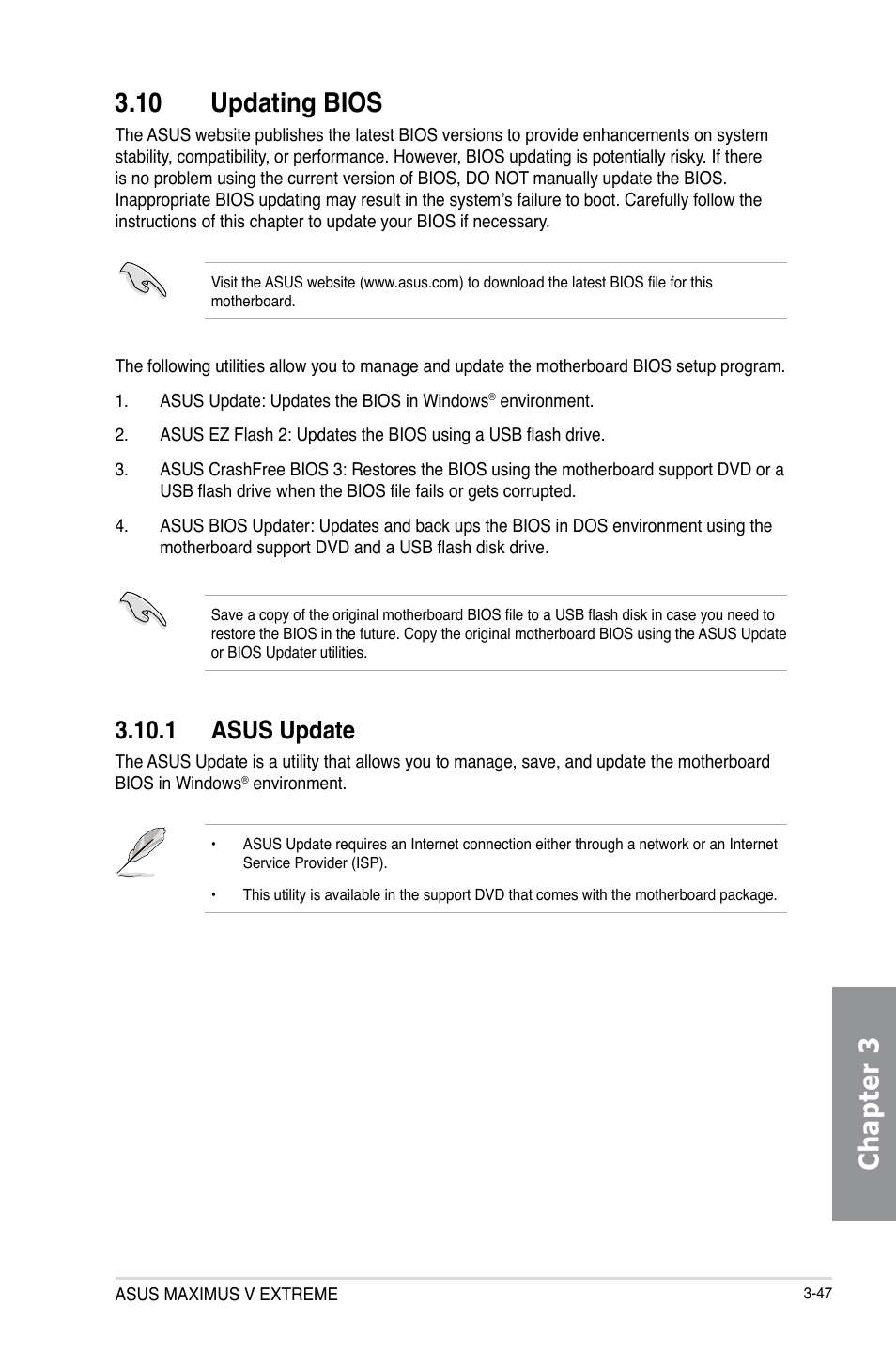 10 updating bios, 1 asus update, Updating bios -47 3.10.1 | Asus update -47, Chapter 3 3.10 updating bios | Asus MAXIMUS V E7627 User Manual | Page 143 / 246