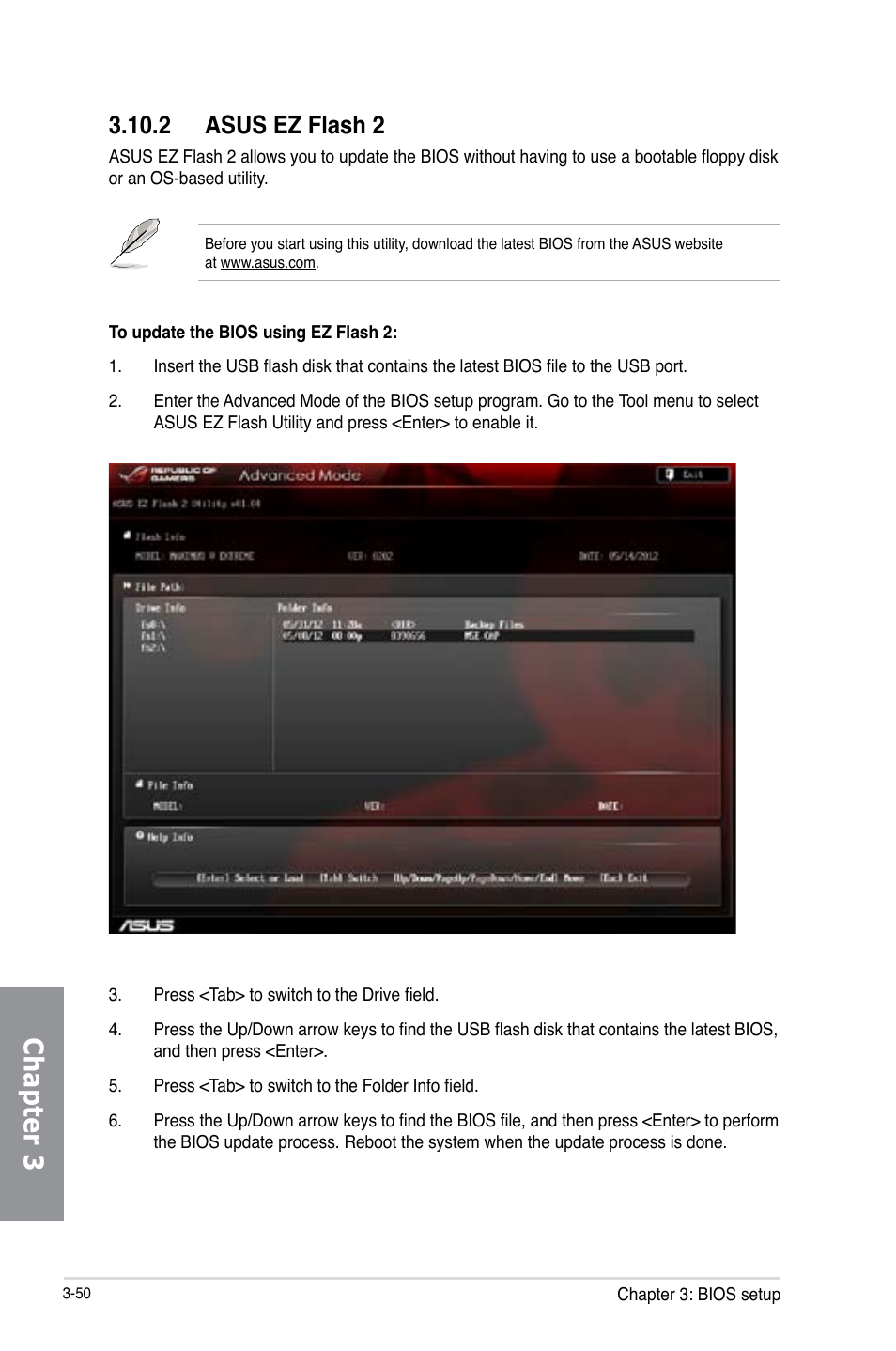 2 asus ez flash 2, Asus ez flash 2 -50, Chapter 3 | Asus MAXIMUS V E7627 User Manual | Page 146 / 246
