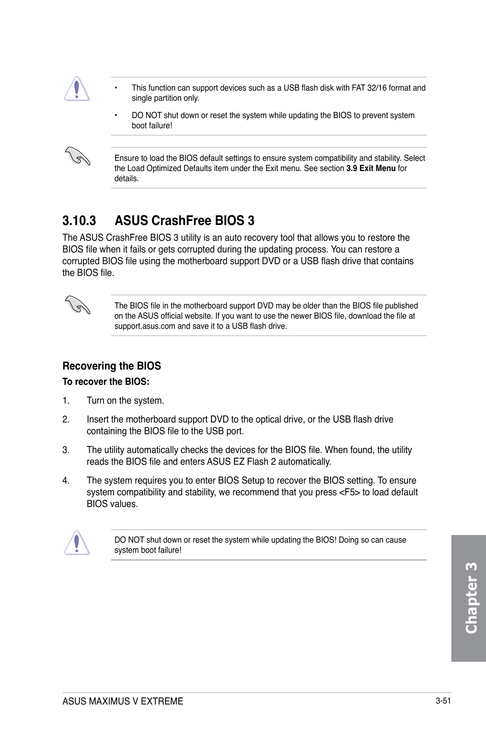 3 asus crashfree bios 3, Asus crashfree bios 3 -51, Chapter 3 | Asus MAXIMUS V E7627 User Manual | Page 147 / 246