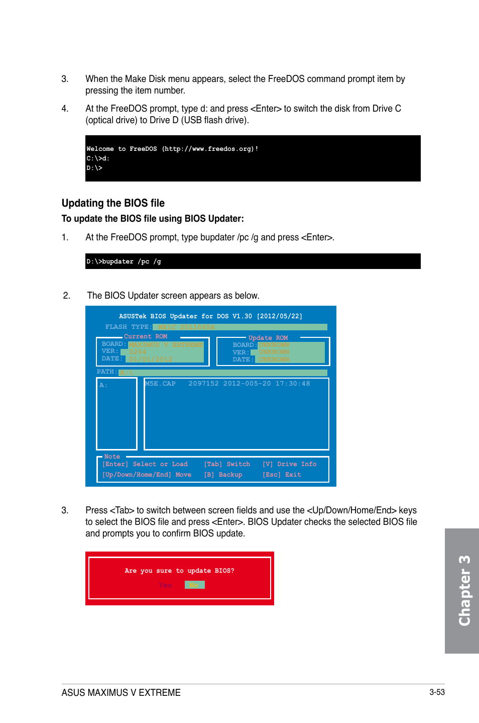 Chapter 3, Updating the bios file | Asus MAXIMUS V E7627 User Manual | Page 149 / 246
