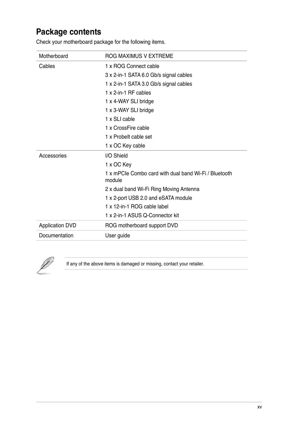 Package contents | Asus MAXIMUS V E7627 User Manual | Page 15 / 246