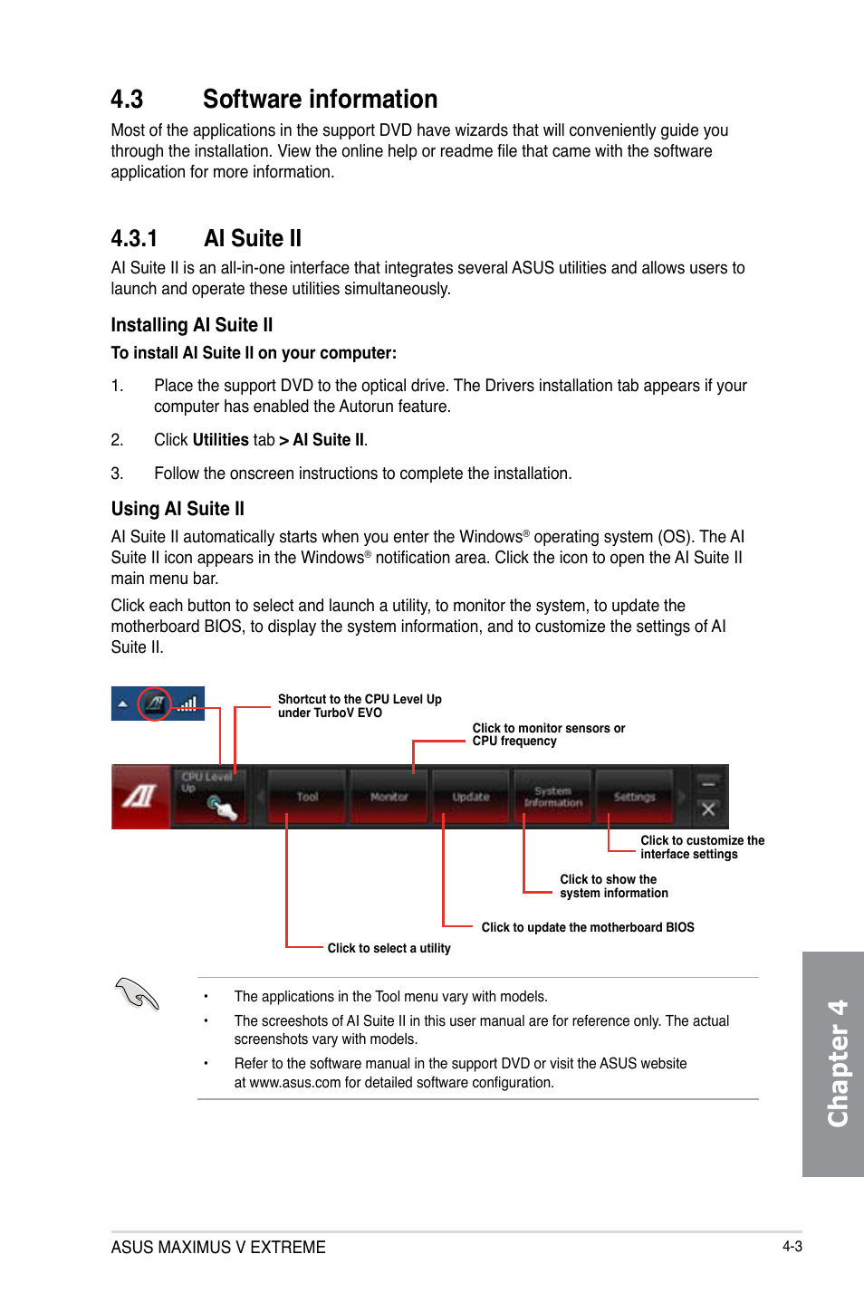 3 software information, 1 ai suite ii, Software information -3 4.3.1 | Ai suite ii -3, Chapter 4 4.3 software information | Asus MAXIMUS V E7627 User Manual | Page 153 / 246