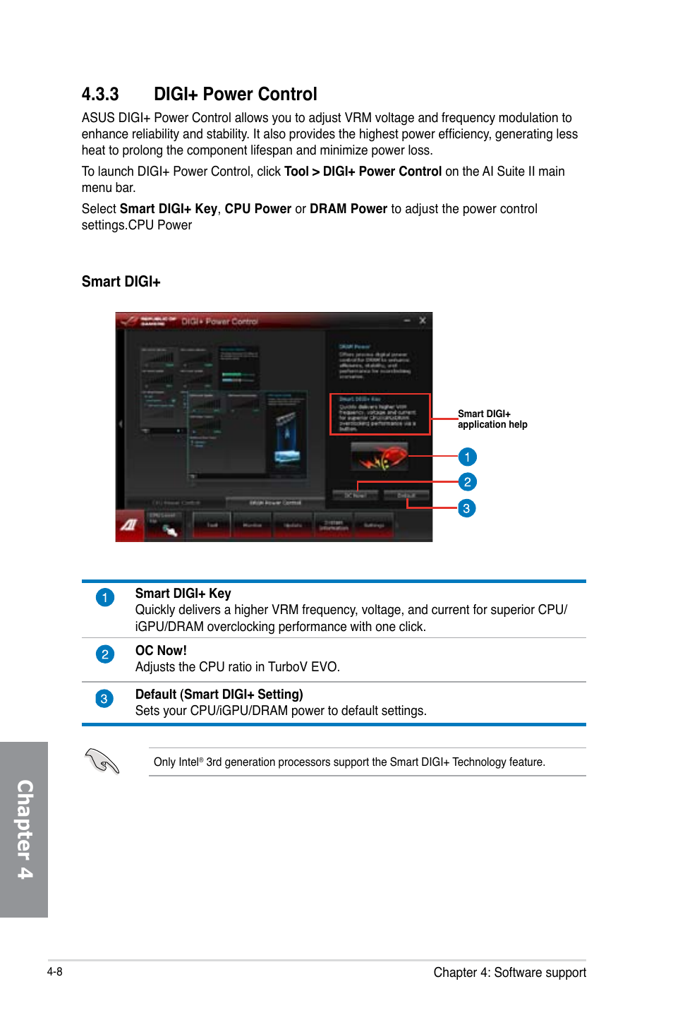 3 digi+ power control, Digi+ power control -8, Chapter 4 | Asus MAXIMUS V E7627 User Manual | Page 158 / 246