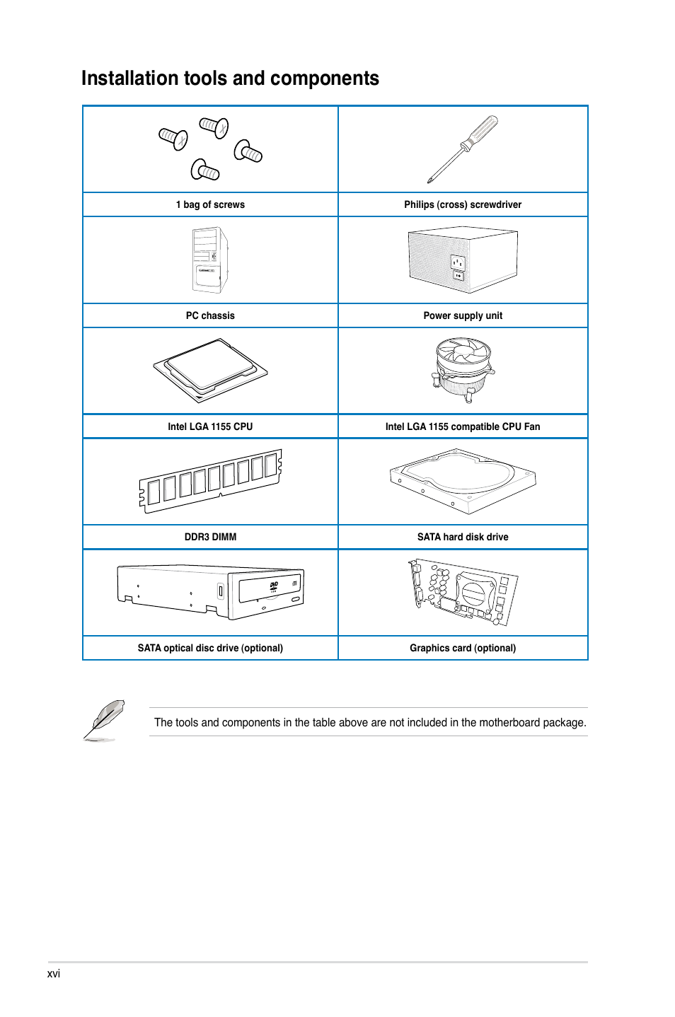 Installation tools and components | Asus MAXIMUS V E7627 User Manual | Page 16 / 246