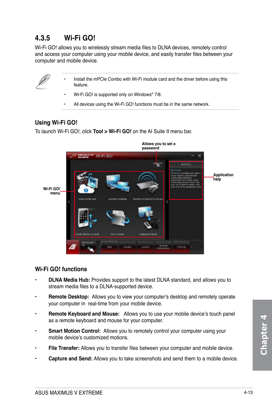 5 wi-fi go, Wi-fi go! -13, Chapter 4 | Asus MAXIMUS V E7627 User Manual | Page 163 / 246