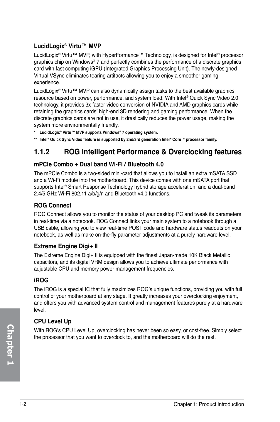 Chapter 1, Lucidlogix, Virtu ™ mvp | Mpcie combo + dual band wi-fi / bluetooth 4.0, Rog connect, Extreme engine digi+ ii, Irog, Cpu level up | Asus MAXIMUS V E7627 User Manual | Page 18 / 246