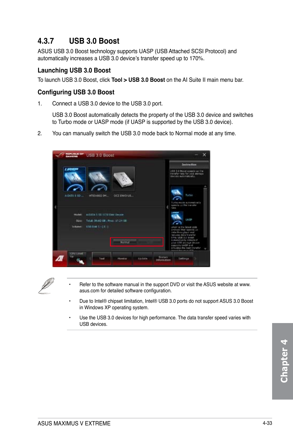 7 usb 3.0 boost, Usb 3.0 boost -33, Chapter 4 | Asus MAXIMUS V E7627 User Manual | Page 183 / 246