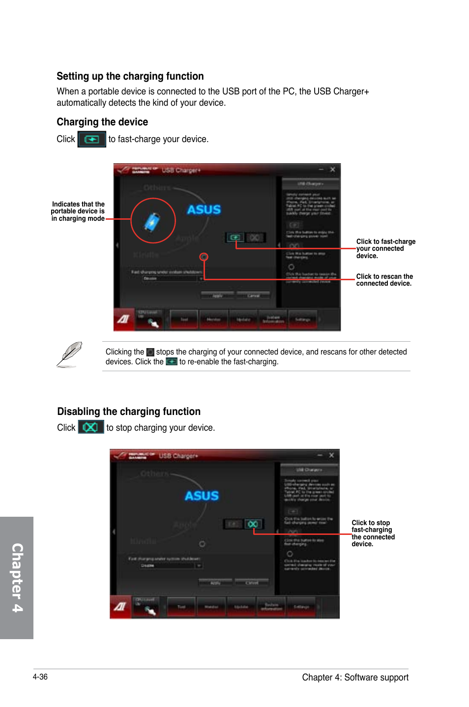 Chapter 4, Setting up the charging function, Charging the device | Disabling the charging function | Asus MAXIMUS V E7627 User Manual | Page 186 / 246