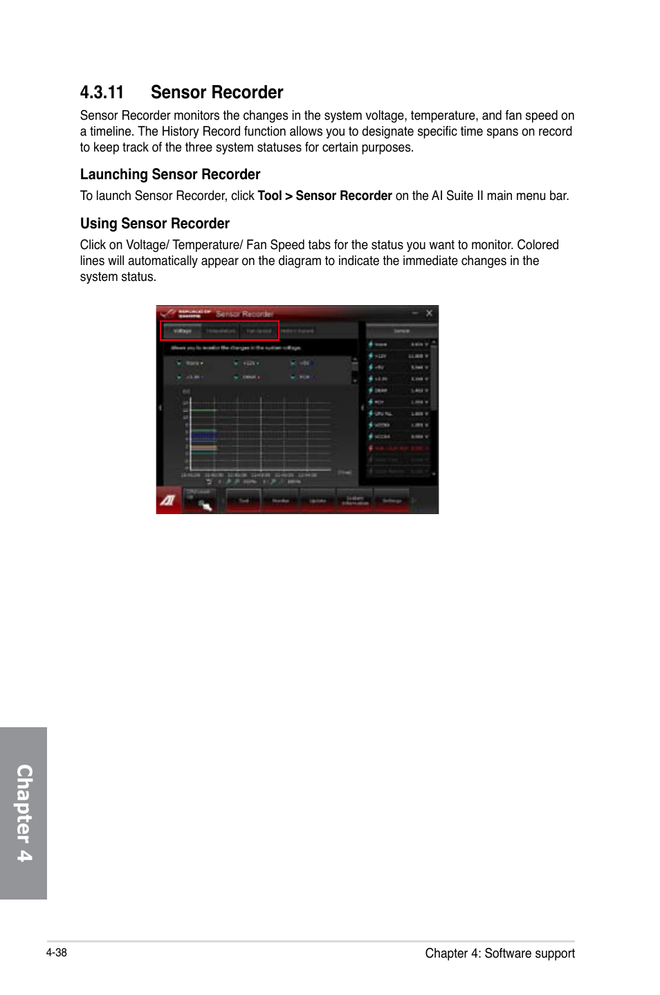 11 sensor recorder, Sensor recorder -38, Chapter 4 | Asus MAXIMUS V E7627 User Manual | Page 188 / 246